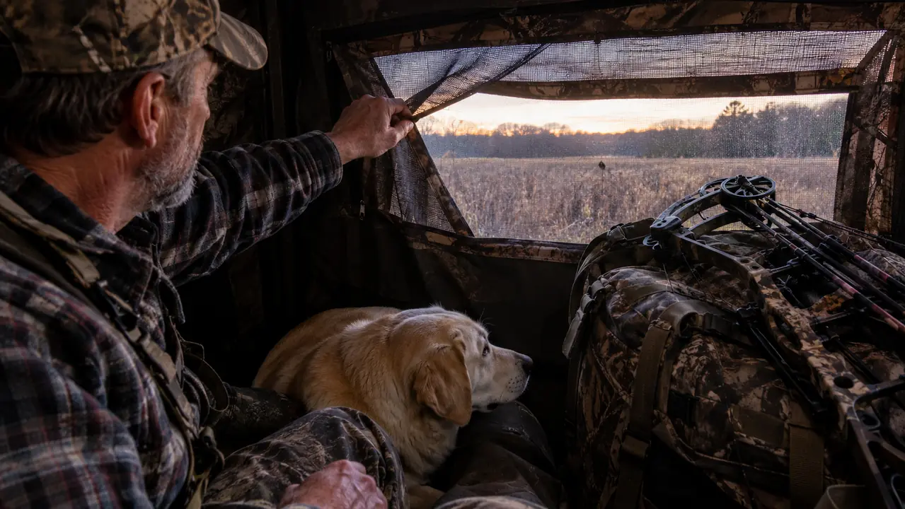 A hand reaching out to part the mesh window of a ground blind from inside, a hunting bow resting nearby, a dog lying at the hunter's feet