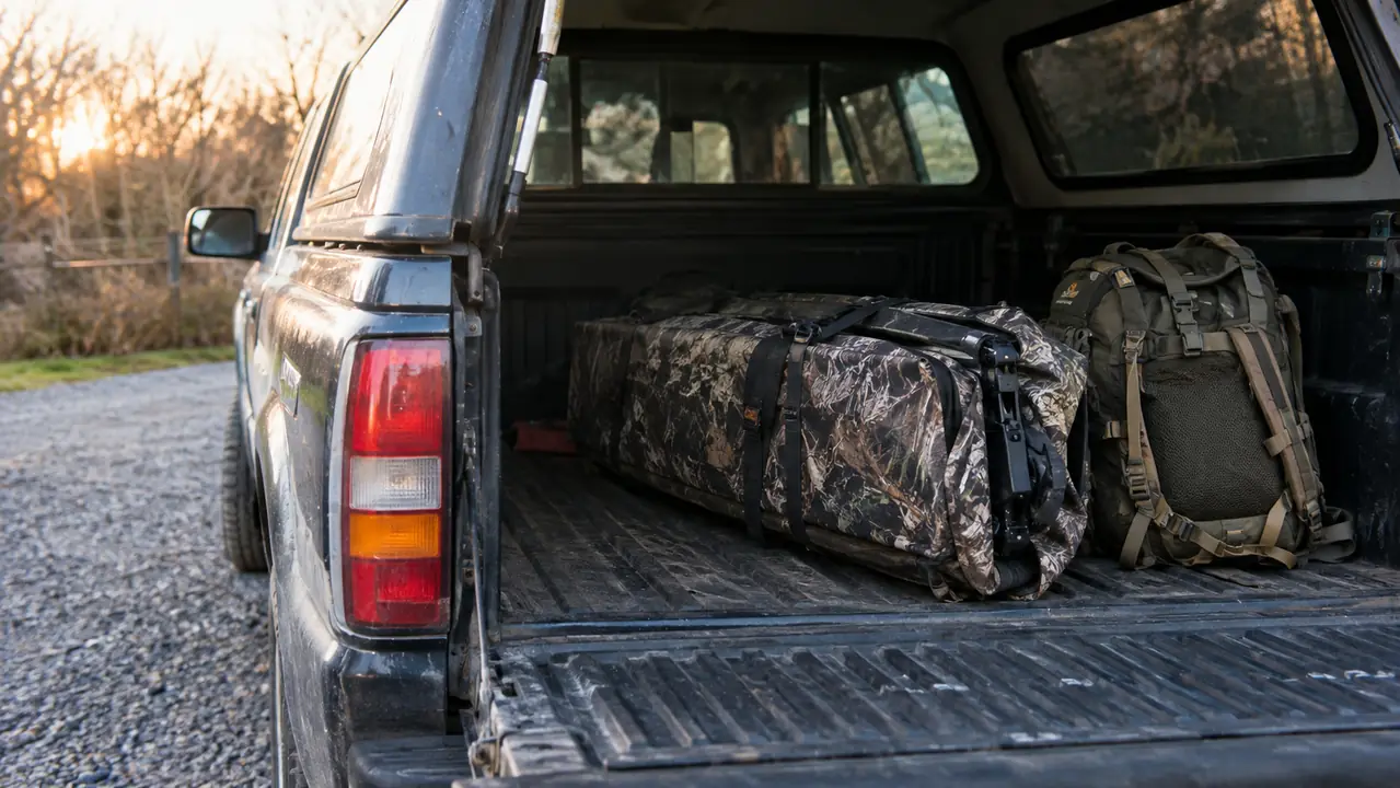 A folded ground blind packed flat behind the seat of a pickup truck with a topper, a hunting pack beside it, late afternoon light