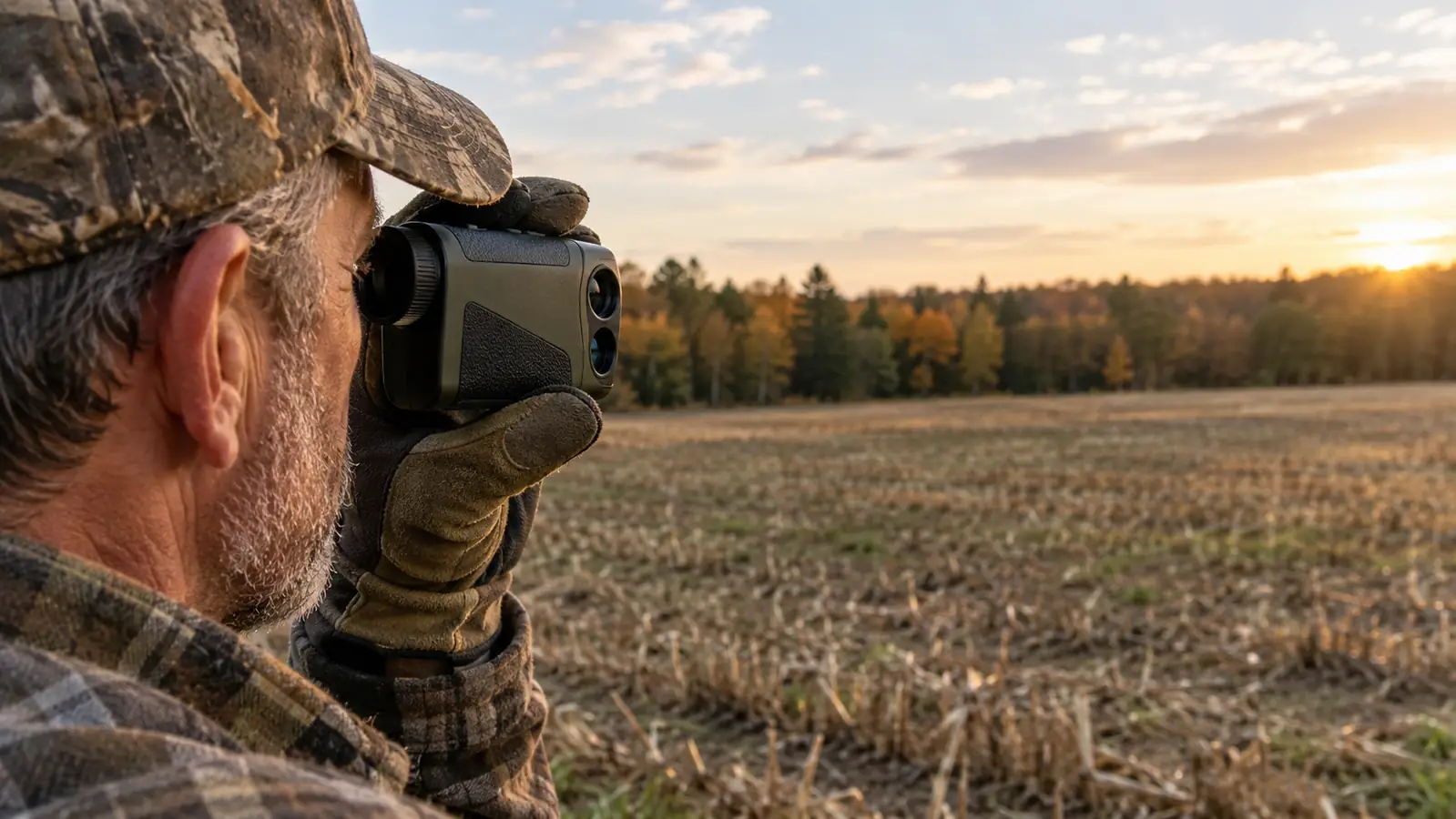 A gloved hand holding a rangefinder up toward a distant treeline from the edge of a field.