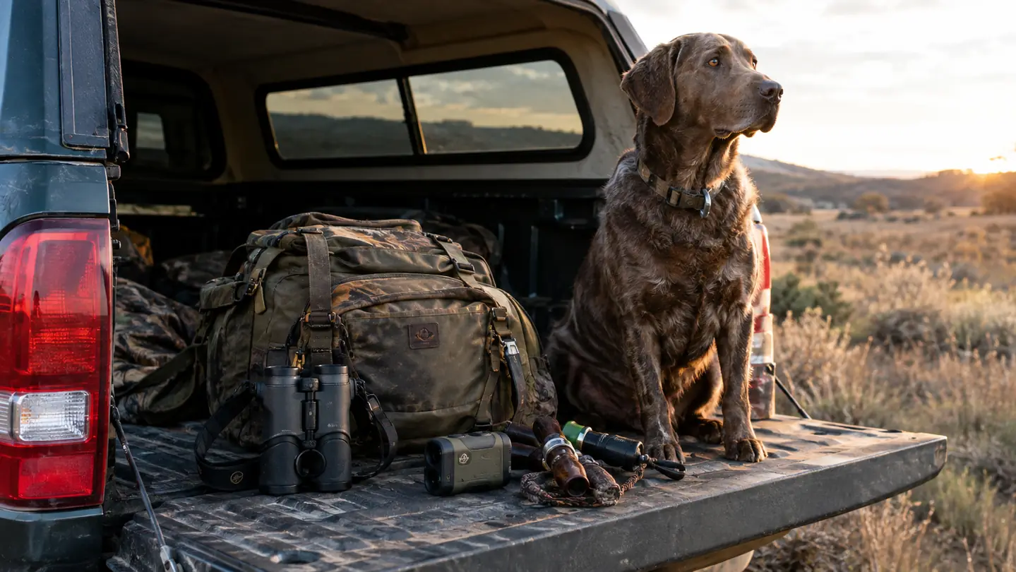 Hunting gear laid out on the tailgate of an older pickup truck, including a rangefinder, binoculars, and a soft pack, with a large dog sitting beside the gear.