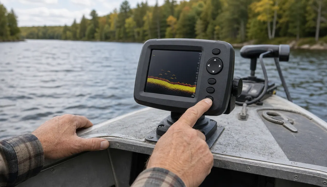 Small fish finder mounted on the front of an aluminum fishing boat on the water