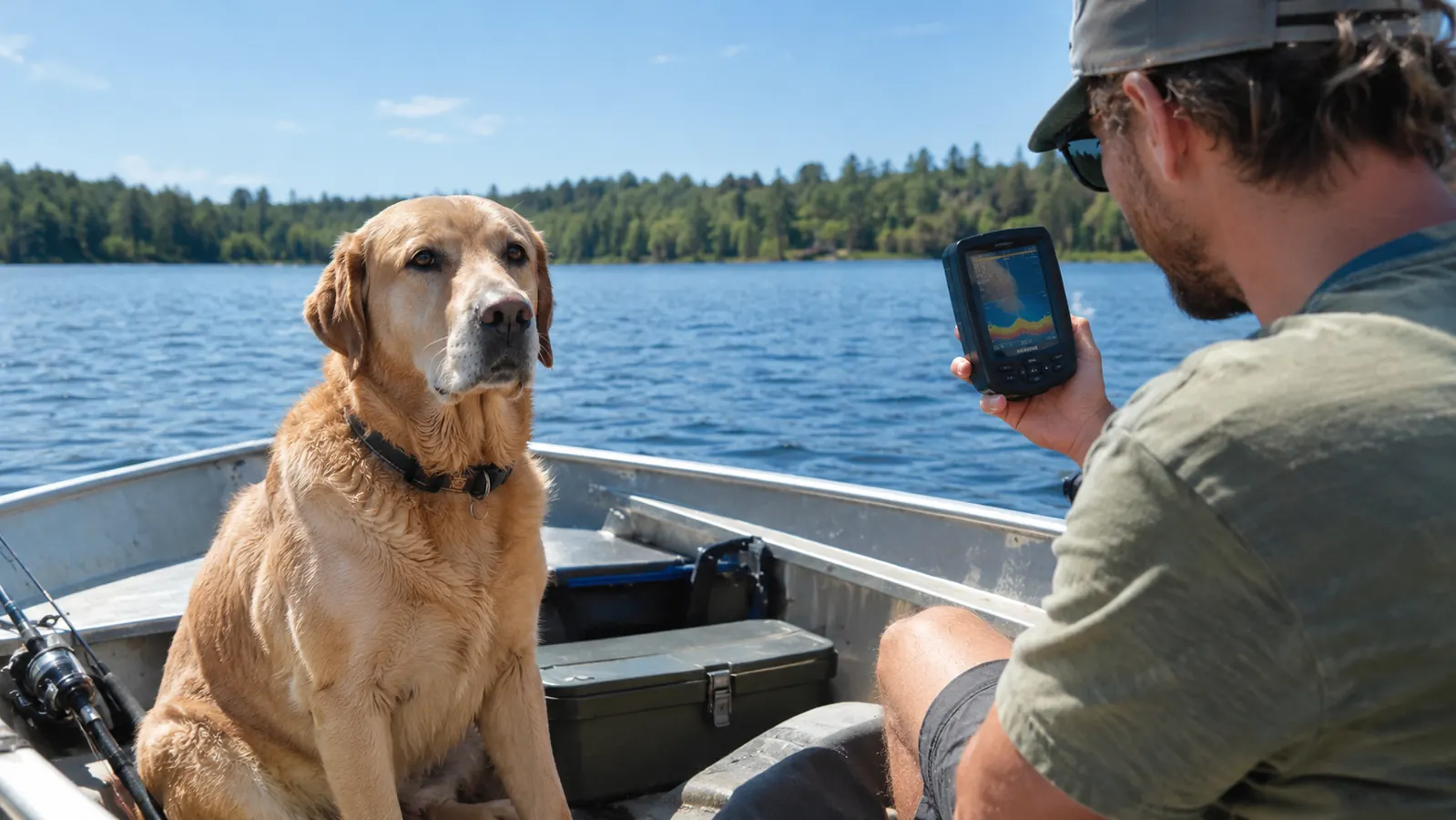 Large dog sitting on the floor of an aluminum boat while a person holds up a small fish finder