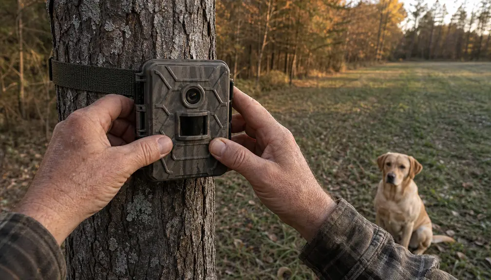 Hands reaching up to adjust a small trail camera strapped to a tree at the edge of a food plot