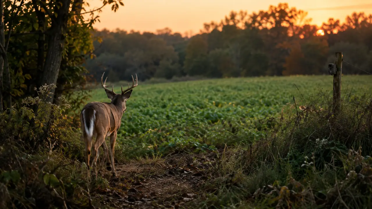 A deer trail entering a food plot at dusk, with a trail camera visible on a fence post in the distance