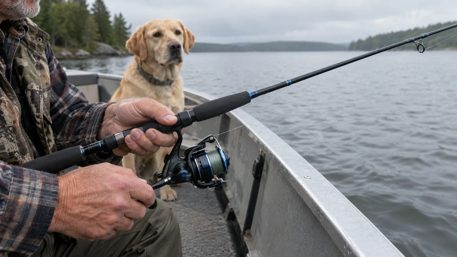 An angler's hand on the reel of a two piece rod laid across the side of an aluminum boat while a dog sits in the boat