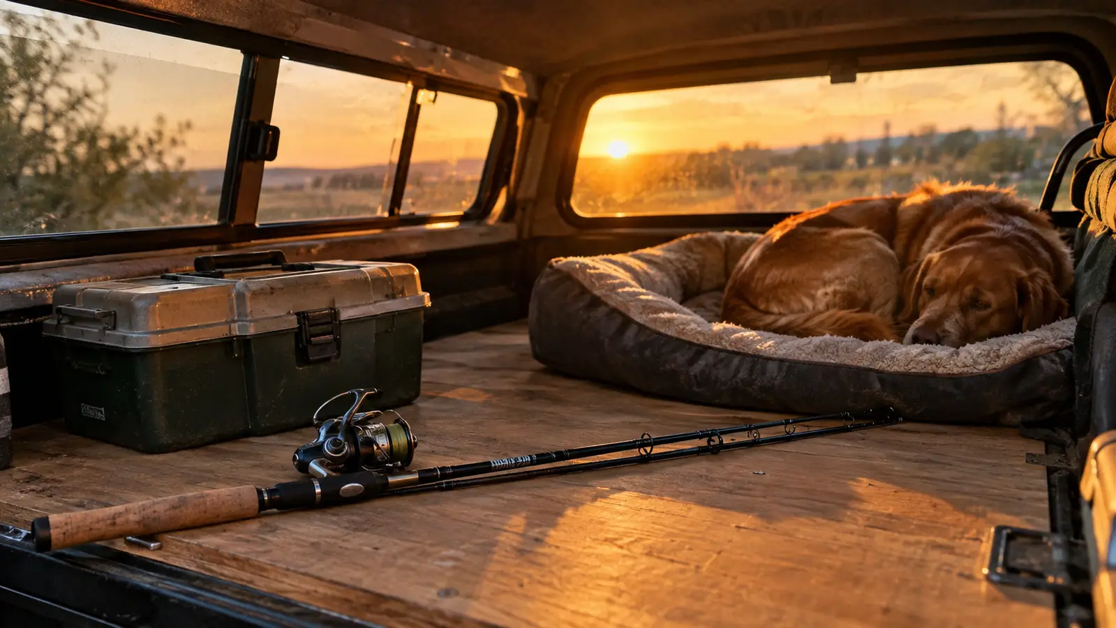 A two piece rod lying flat inside a pickup topper beside a tackle box and a dog bed