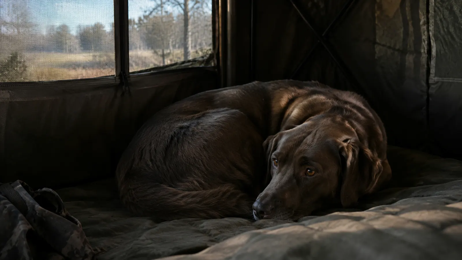 A large dog curled up on a mat inside a hunting blind, soft light coming through the mesh window