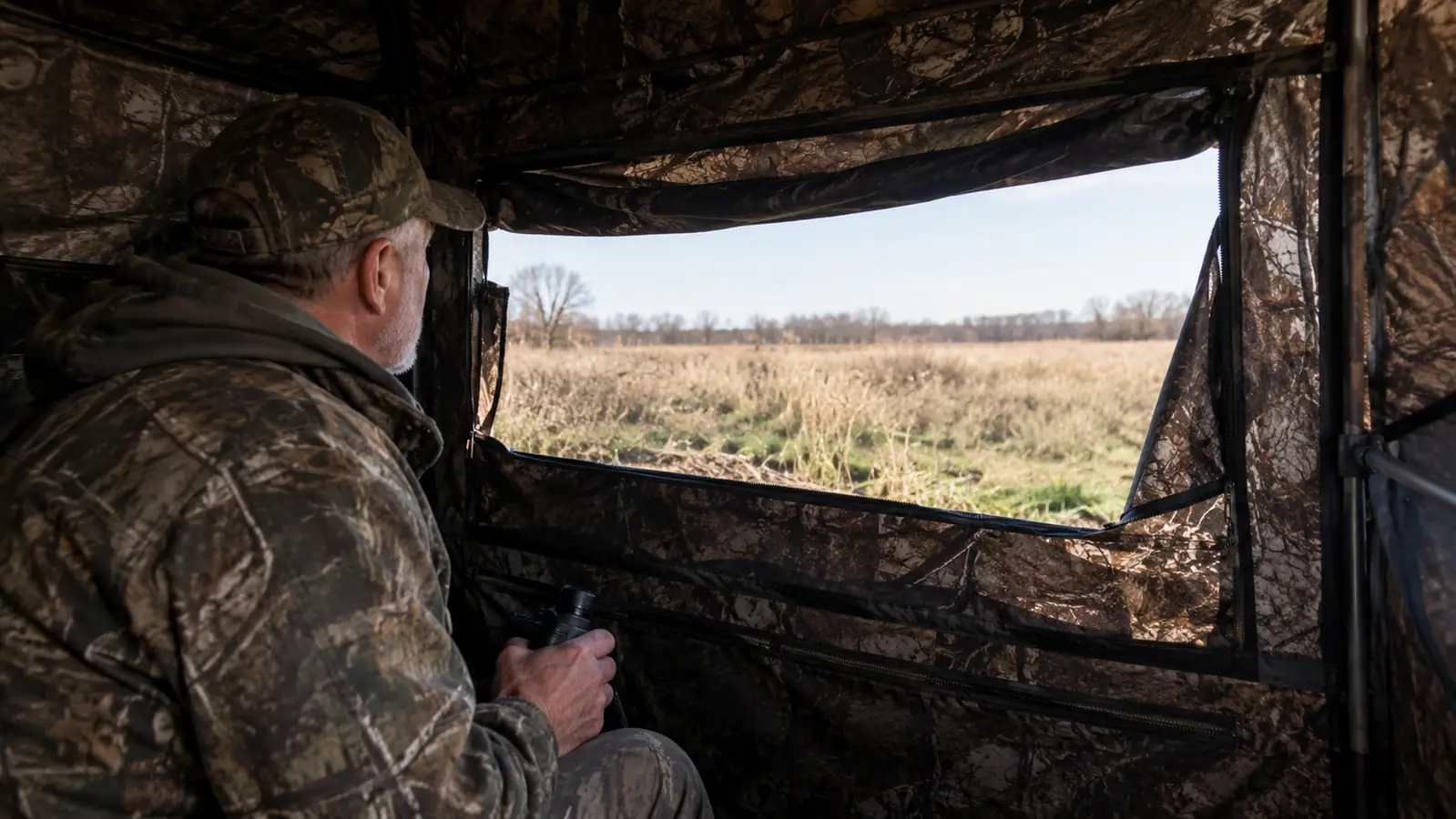 A hunter seated inside a hunting blind with one window open, looking out over a field
