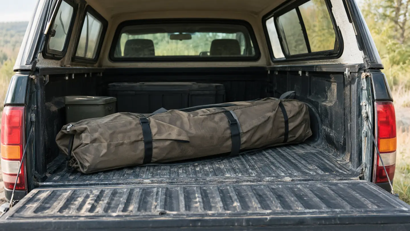 A hunting blind packed in its carry bag in the bed of an older pickup truck with a camper topper