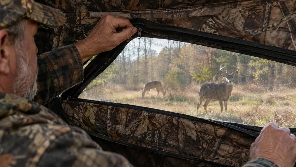 A hunter's hand lifting the quiet zipper on a window of the ground blind
