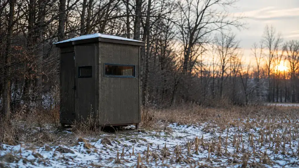 The ground blind dusted with light snow at the edge of a picked field in late afternoon
