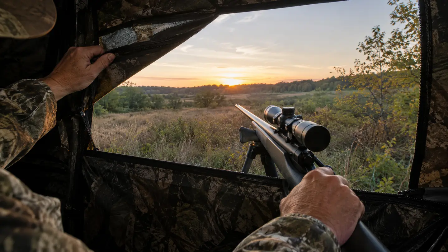 Hunter inside the blind opening a window panel with a rifle resting on a shooting stick