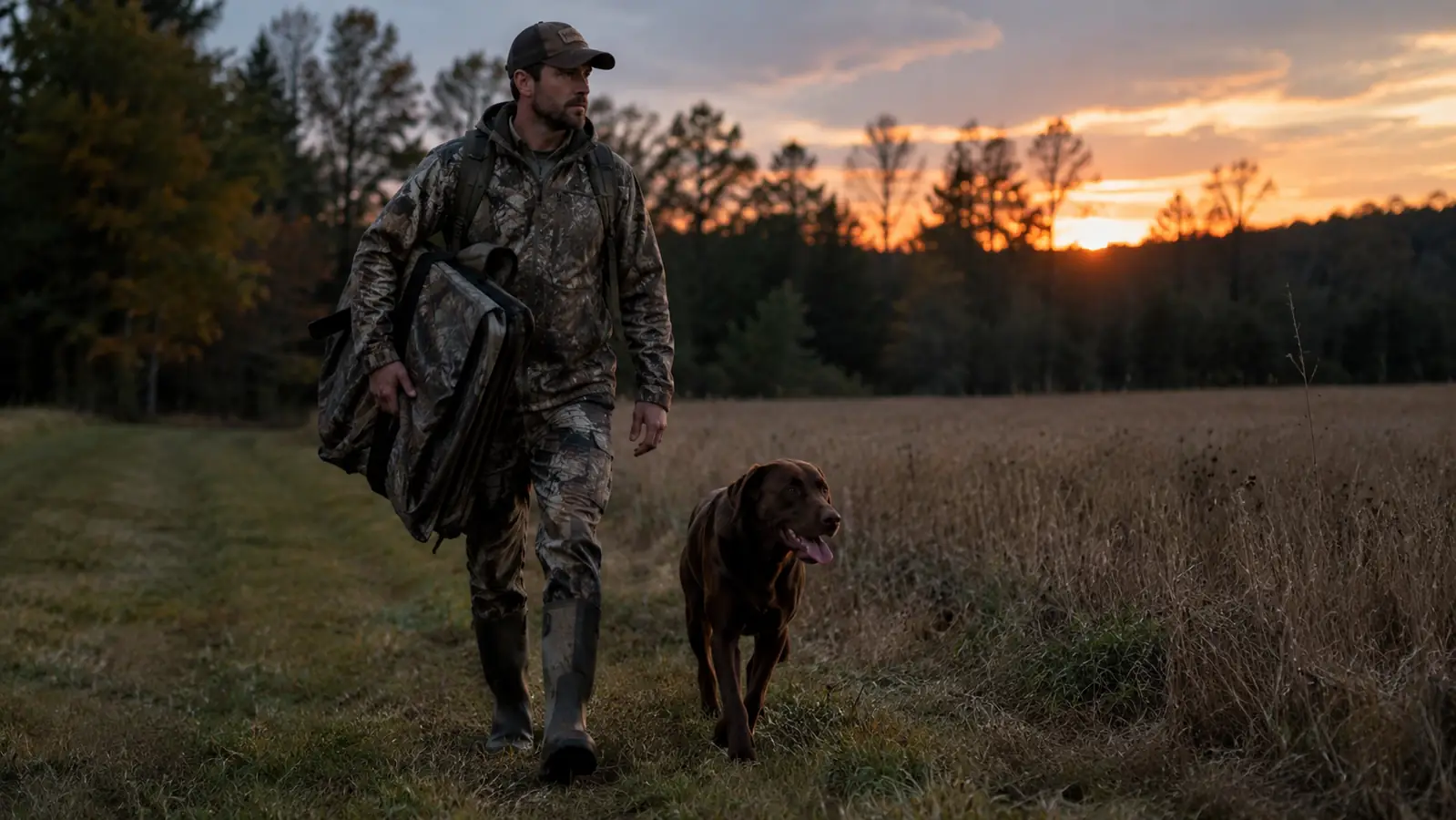 Hunter carrying a folded ground blind under one arm at dusk with a dog walking beside him