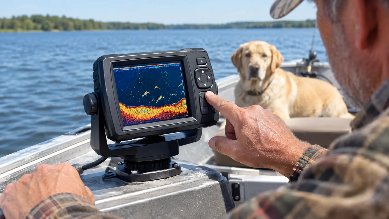 Hand pressing a button on the Garmin Striker 4 screen while the boat drifts on open water