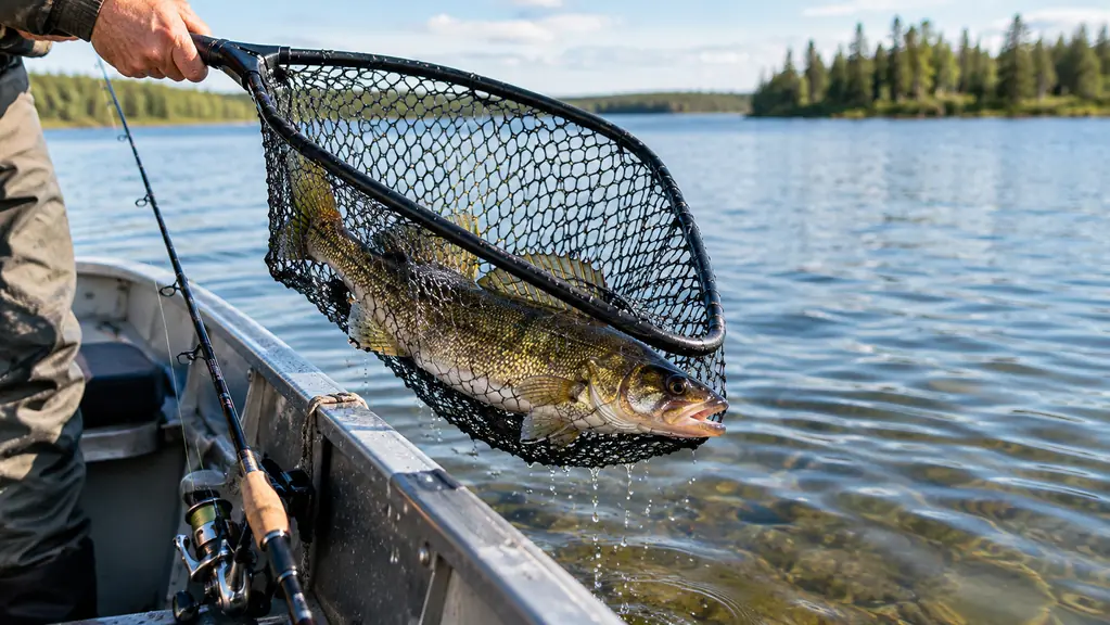 Walleye lifted in a landing net over the side of a small aluminum boat on calm water