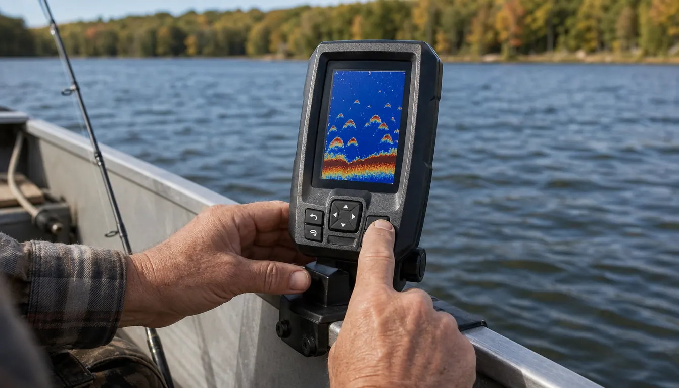 A hand pressing the buttons on a Garmin Striker 4 fishfinder mounted to the gunwale of an aluminum boat, the screen showing sonar returns, lake water behind