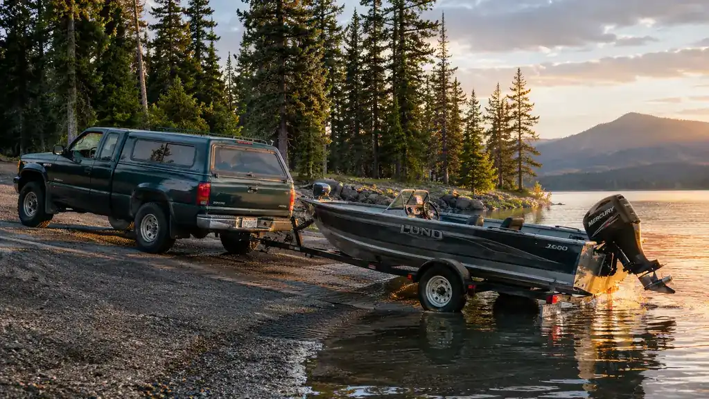 An older 4x4 pickup with a topper backed down a gravel boat ramp, a 16-foot aluminum boat on a trailer behind it, late afternoon light