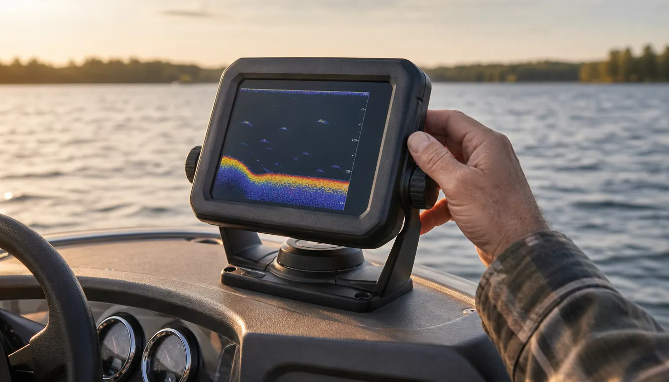 A hand adjusting the angle of a compact fish finder mounted on a boat console, the screen showing a simple depth reading