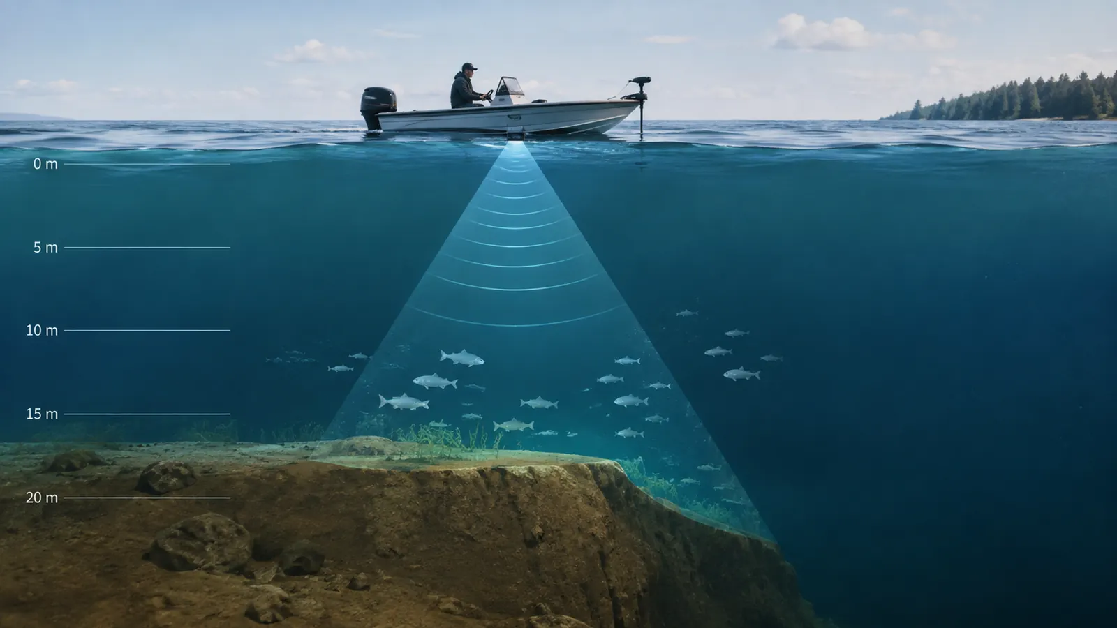 A simple line drawing of a lake bottom showing a drop-off, scattered fish arches, and a boat icon with a cone-shaped sonar beam reaching the bottom