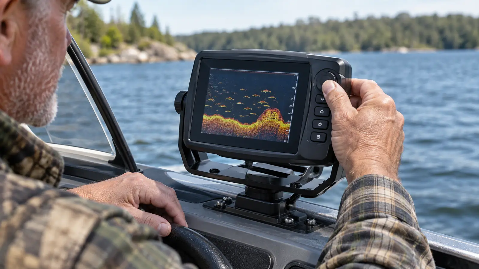 Angler's hand adjusting a compact fish finder mounted at the console of a small aluminum boat