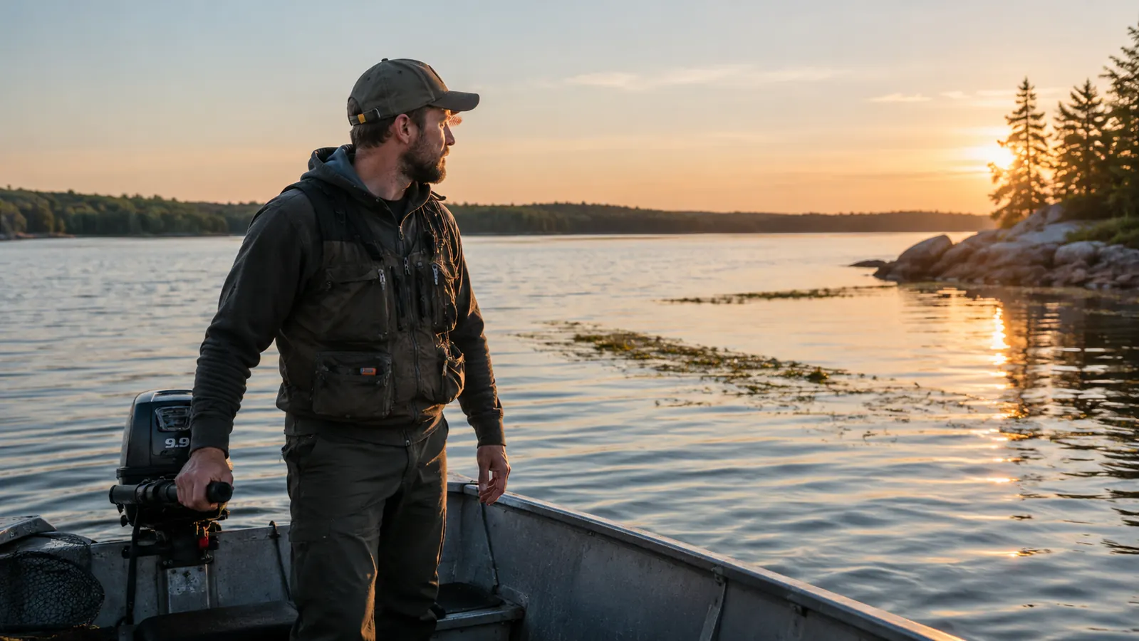 Angler standing at the tiller of a small boat scanning the lake surface for weed lines at low evening sun