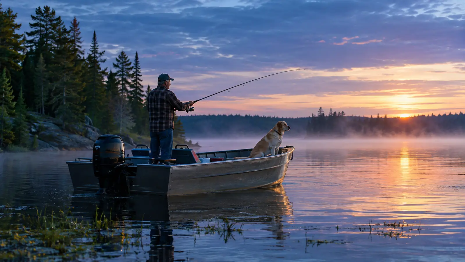 An angler in a small aluminum boat at sunrise on a calm northern lake, a yellow dog sitting in the bow