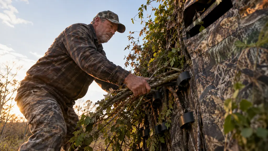 A hunter pushing cut branches into the brush loops on the side of a ground blind