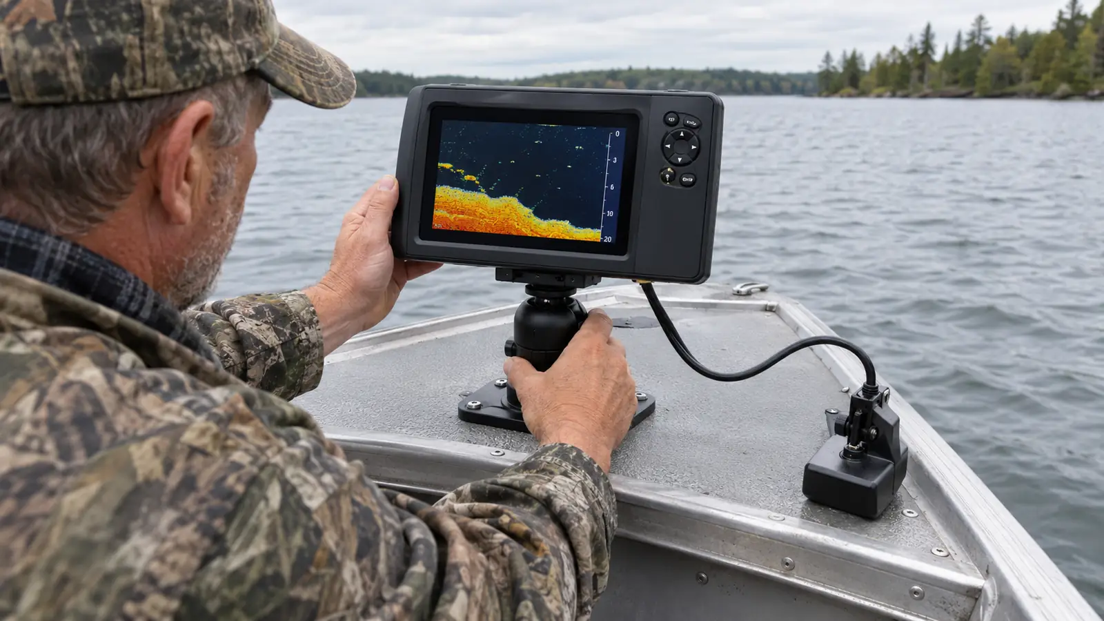 A hand mounting a small fish finder with a 3.5 inch screen onto the bow of an aluminum boat, transducer cable running over the gunwale