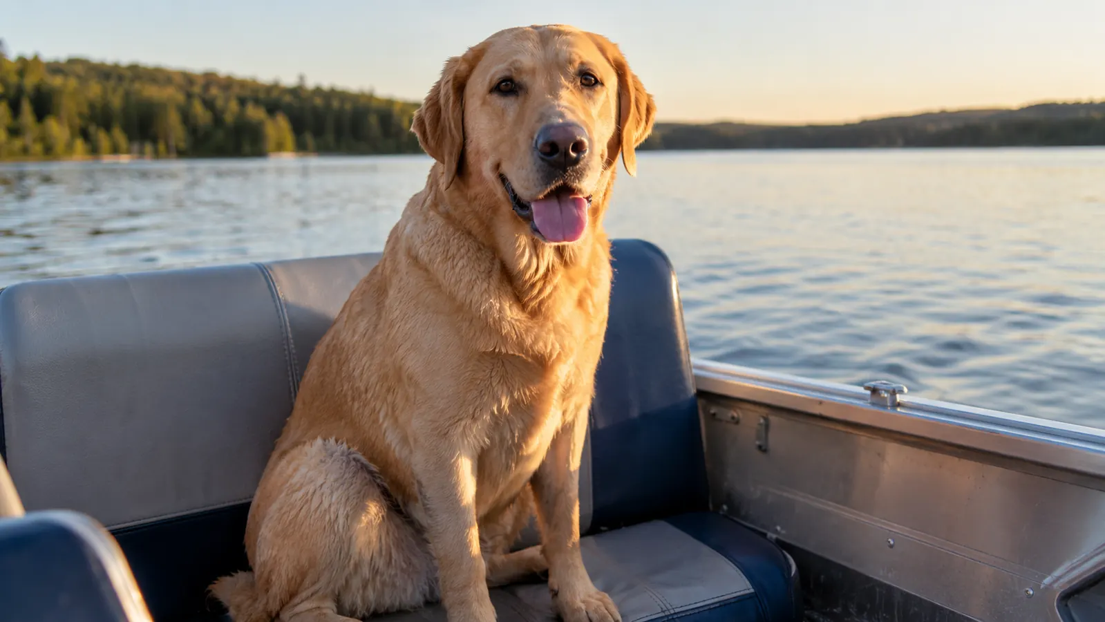 A large dog sitting on the bench seat of an aluminum fishing boat, looking out over calm water