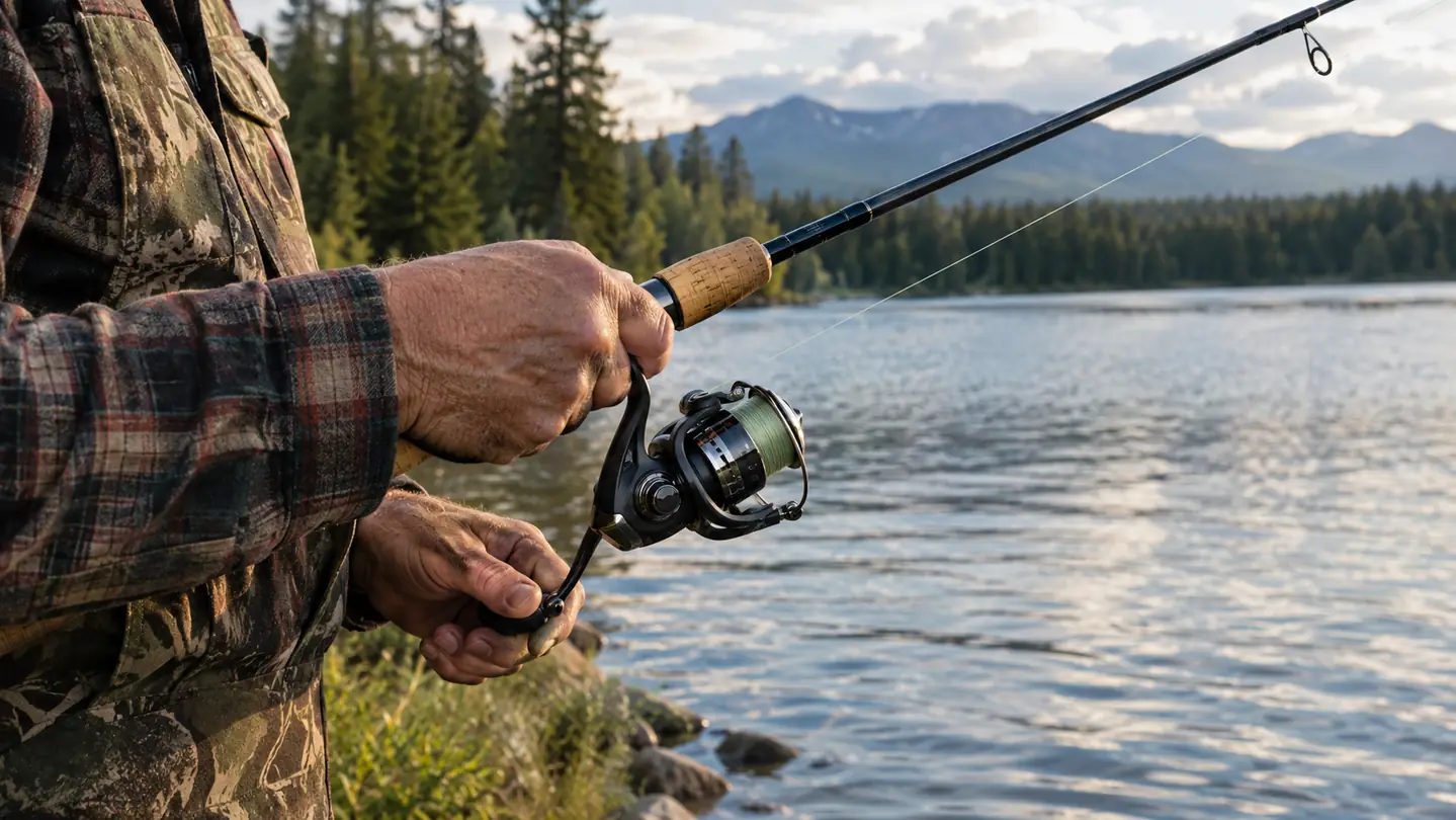 Hands holding a spinning combo, one hand on the reel and one on the rod grip, the line running through the guides toward the water.