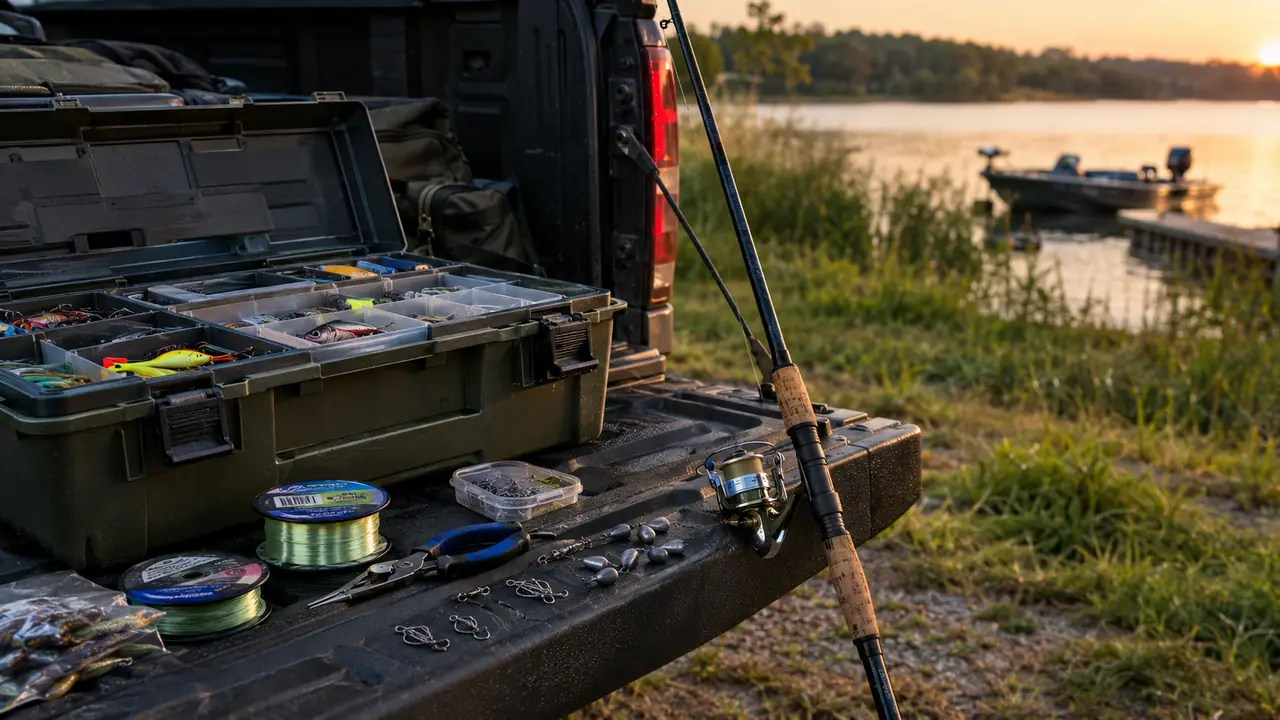 An open tackle box on a truck tailgate with spools of line, pliers, hooks, and sinkers laid out, a spinning rod leaning against the truck.