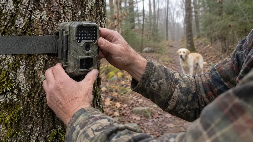 Hands strapping a trail camera to a tree trunk and angling it down a wooded trail