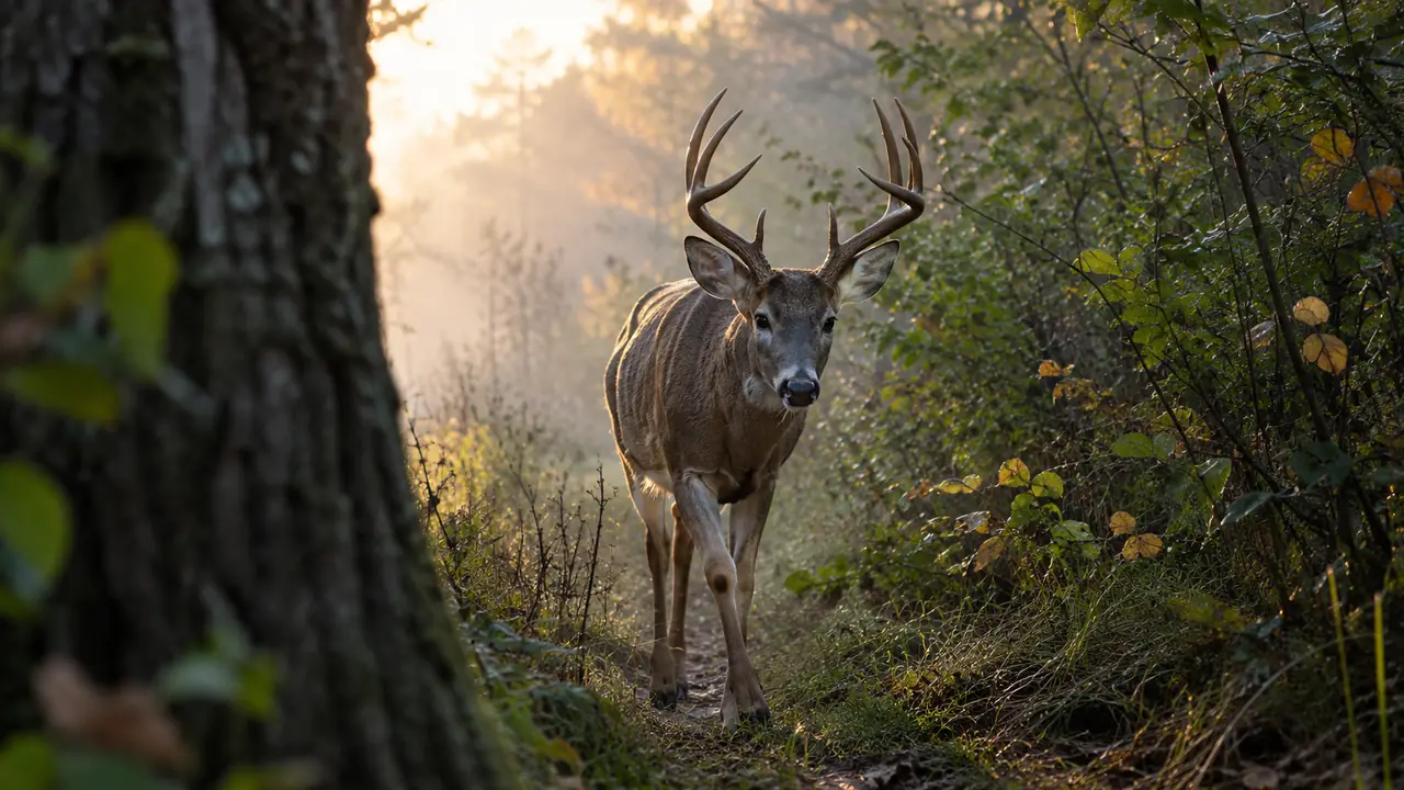 A buck walking a narrow trail between thickets at first light, seen from the low angle of a camera on a tree