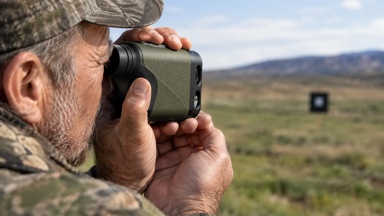 A hand holding a rangefinder up to one eye while the other hand steadies it, with a field and a distant target blurred in the background
