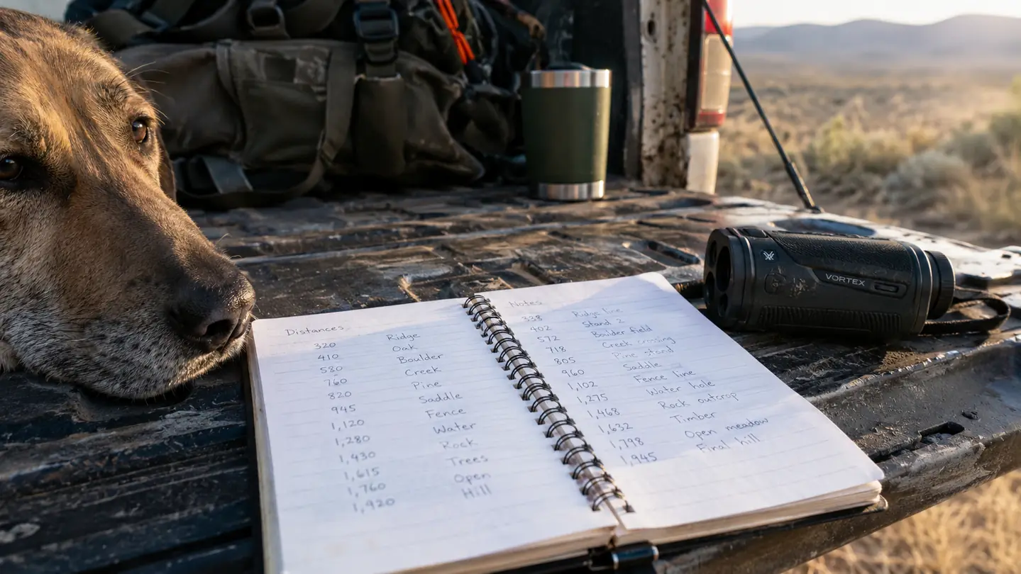 A spiral notebook with handwritten distance notes open on the tailgate of a pickup truck, a rangefinder lying beside it, and a large dog's head at the edge of the frame