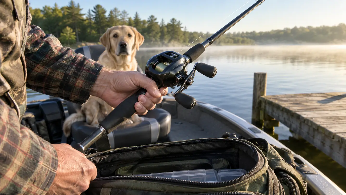 A person lifting a fishing rod and reel combo out of a tackle bag while a dog watches from the boat