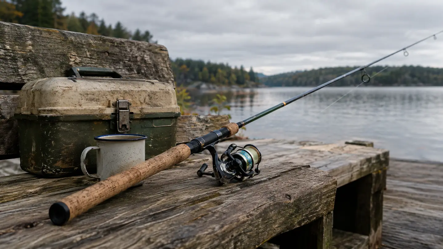 A fishing rod and reel combo laid across a wooden bench beside a tackle box and a coffee mug