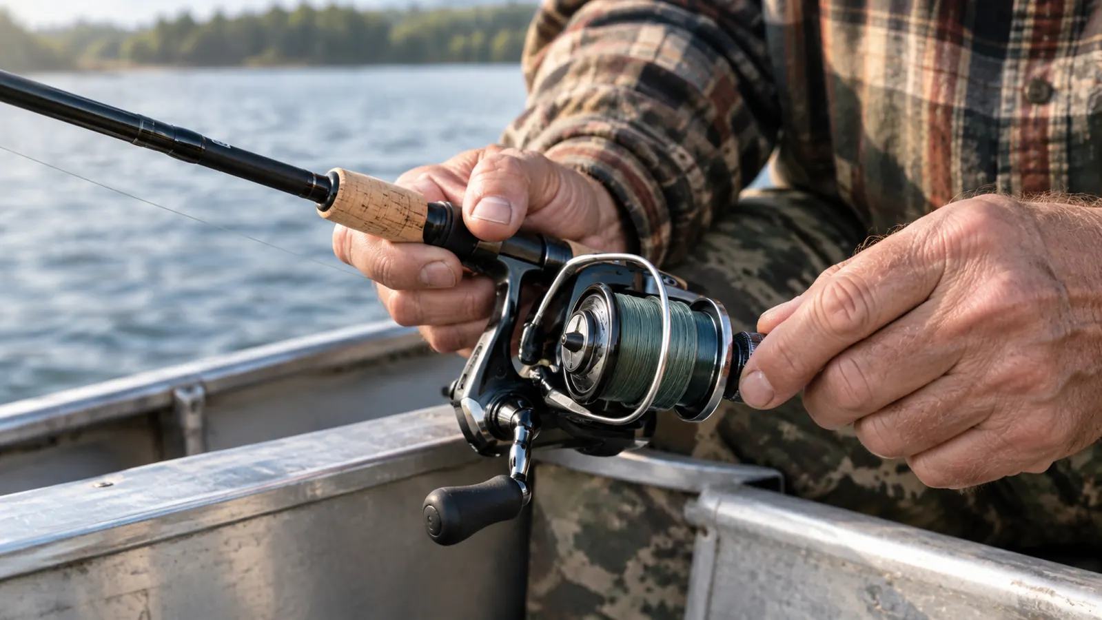 A hand adjusting the drag on a reel mounted on a rod resting across a boat seat