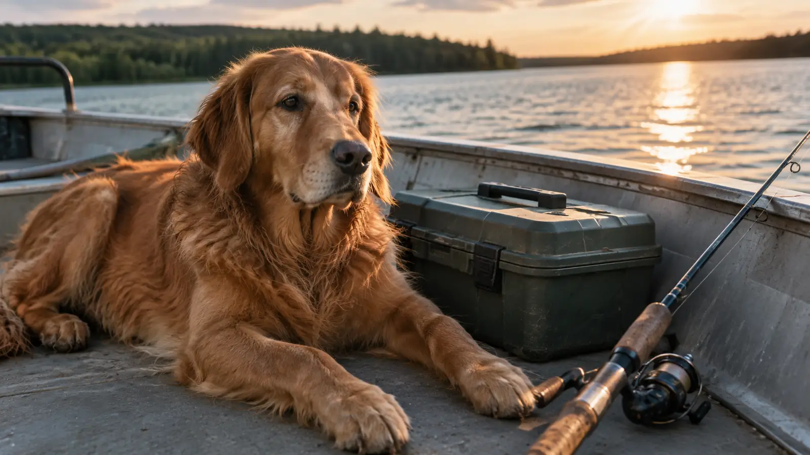 A dog lying on a boat floor next to a tackle box and a rod
