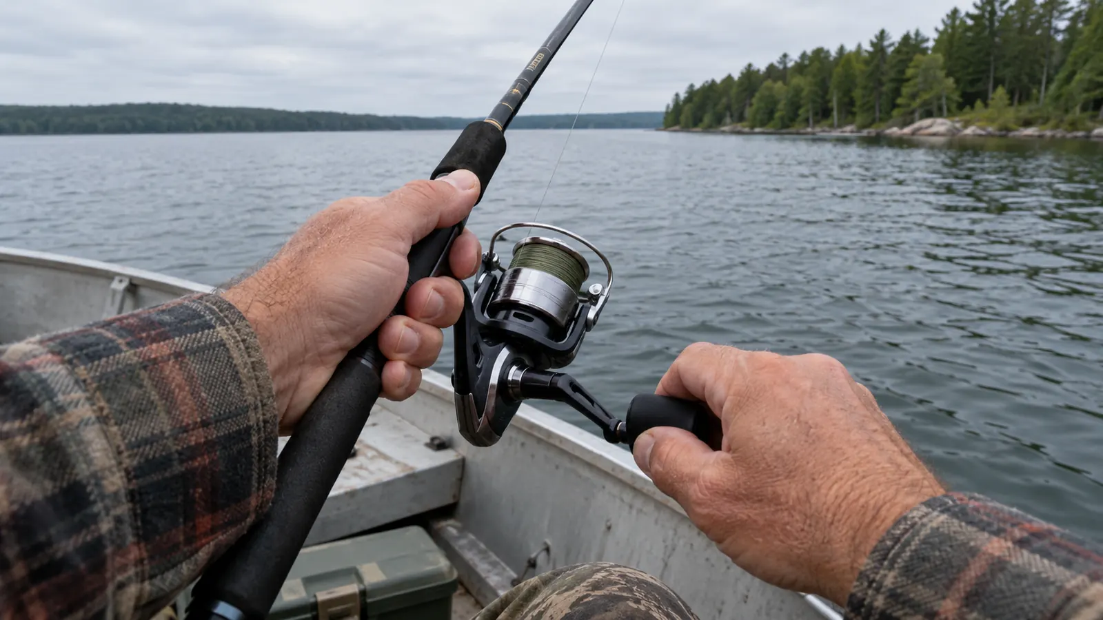 A hand reeling a fishing rod over the side of a metal boat on open water
