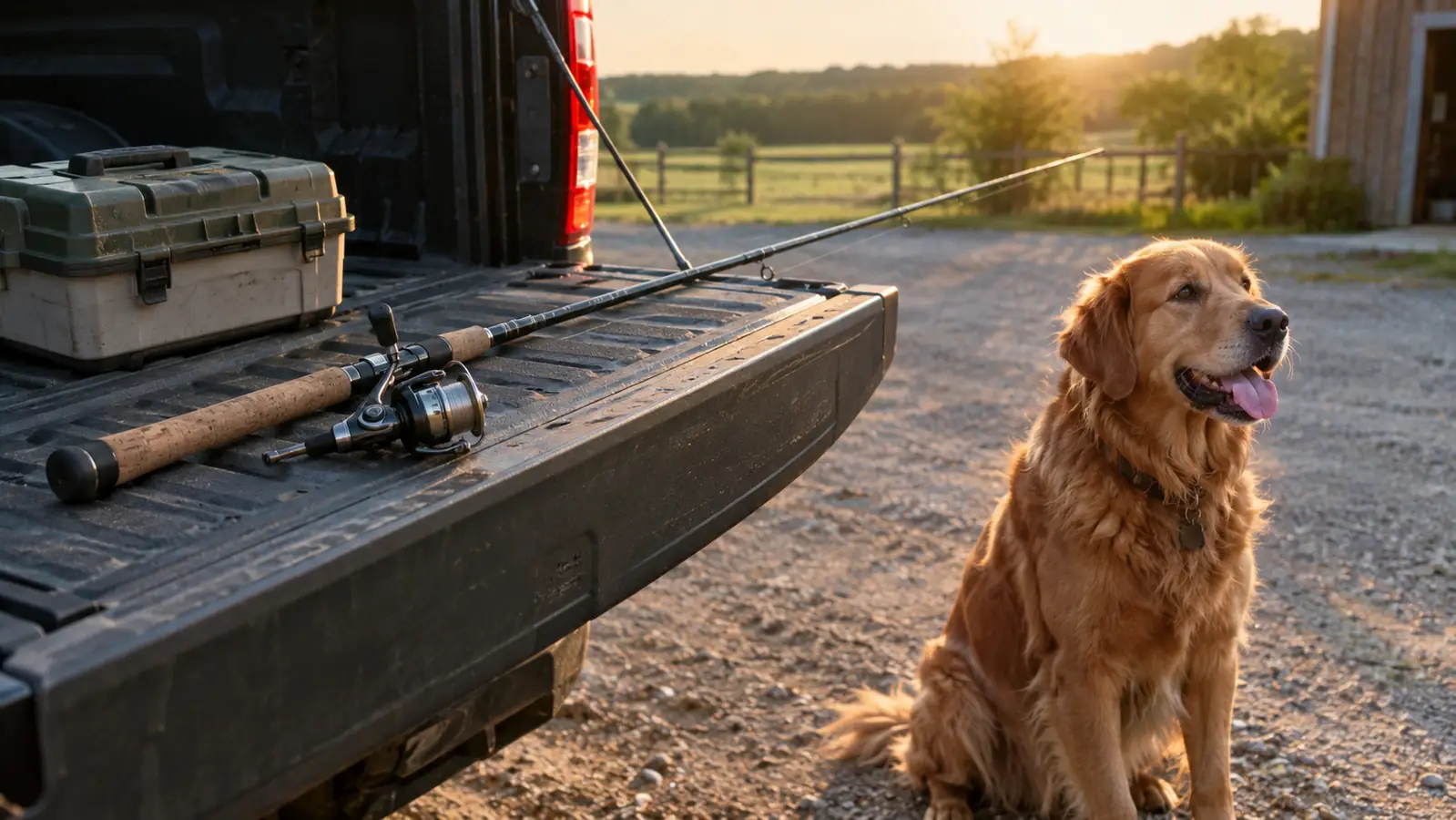A fishing rod and reel combo laid on a tailgate next to a tackle box, with a large dog sitting nearby
