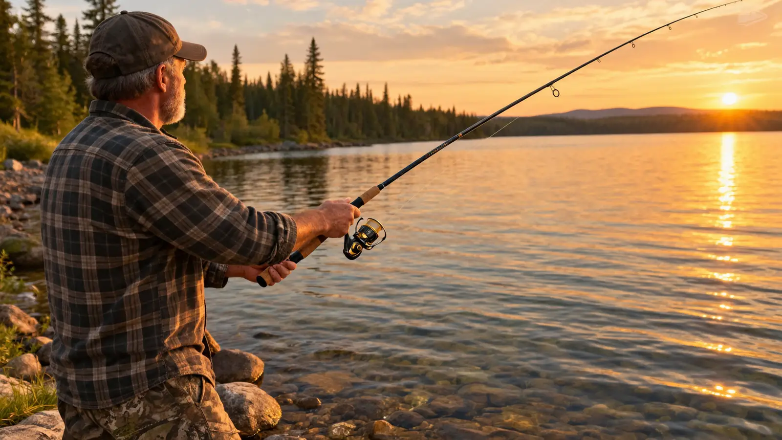 A person casting a spinning rod and reel combo from a rocky lakeshore at golden hour, with water and a treeline in the background.