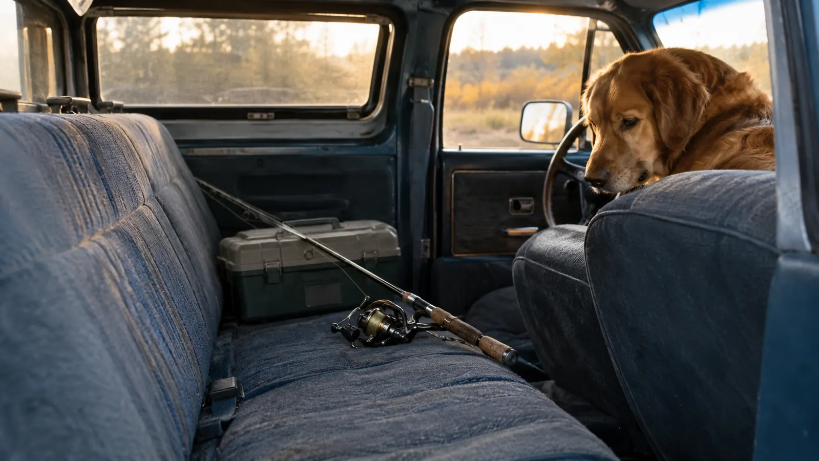 A rod and reel combo laid on the back seat of an older pickup truck with a topper, a tackle box beside it, and a large dog watching from the front seat.