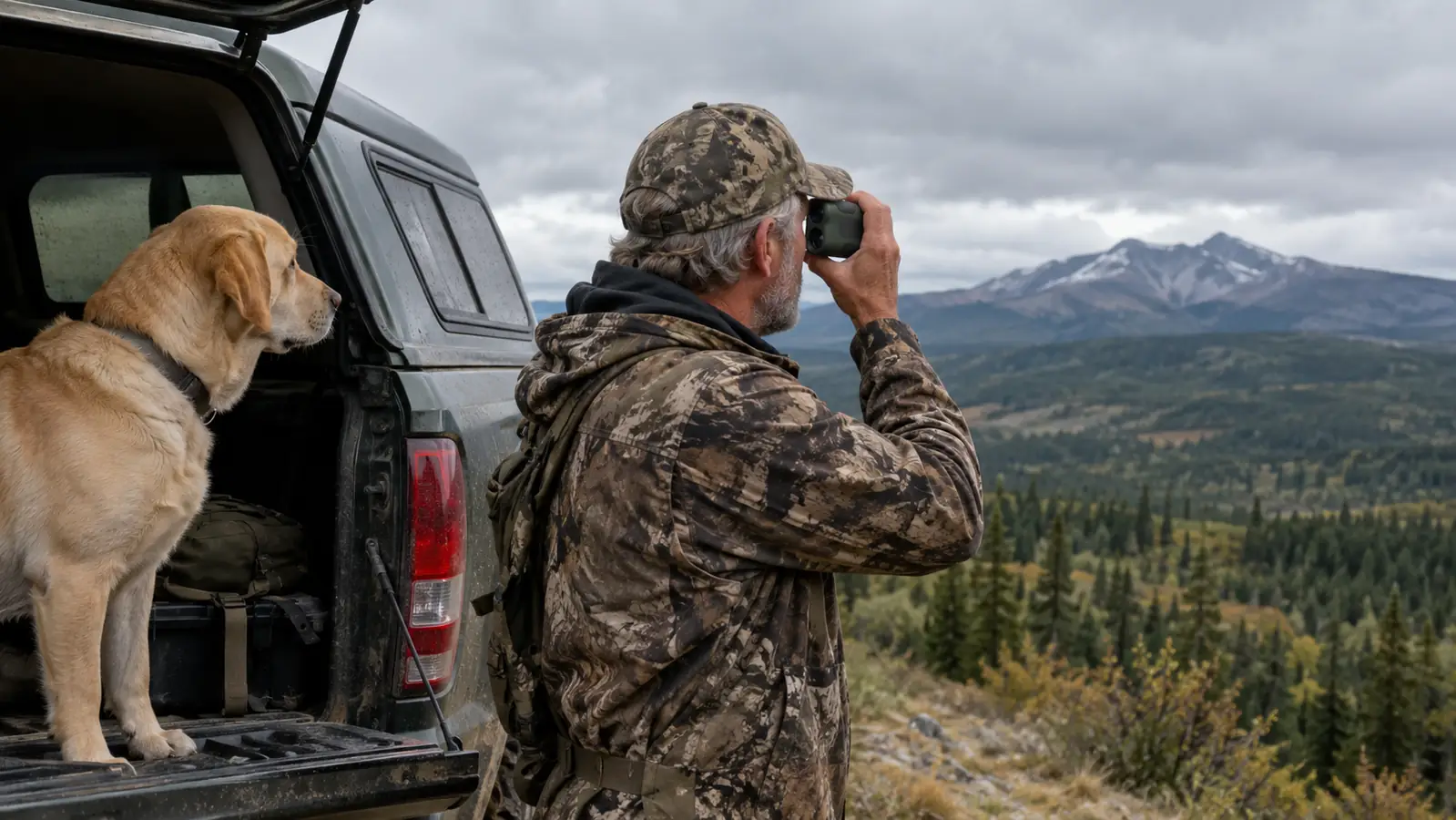 Hands holding the rangefinder up toward a distant ridgeline while a large dog watches from the open tailgate of a pickup.