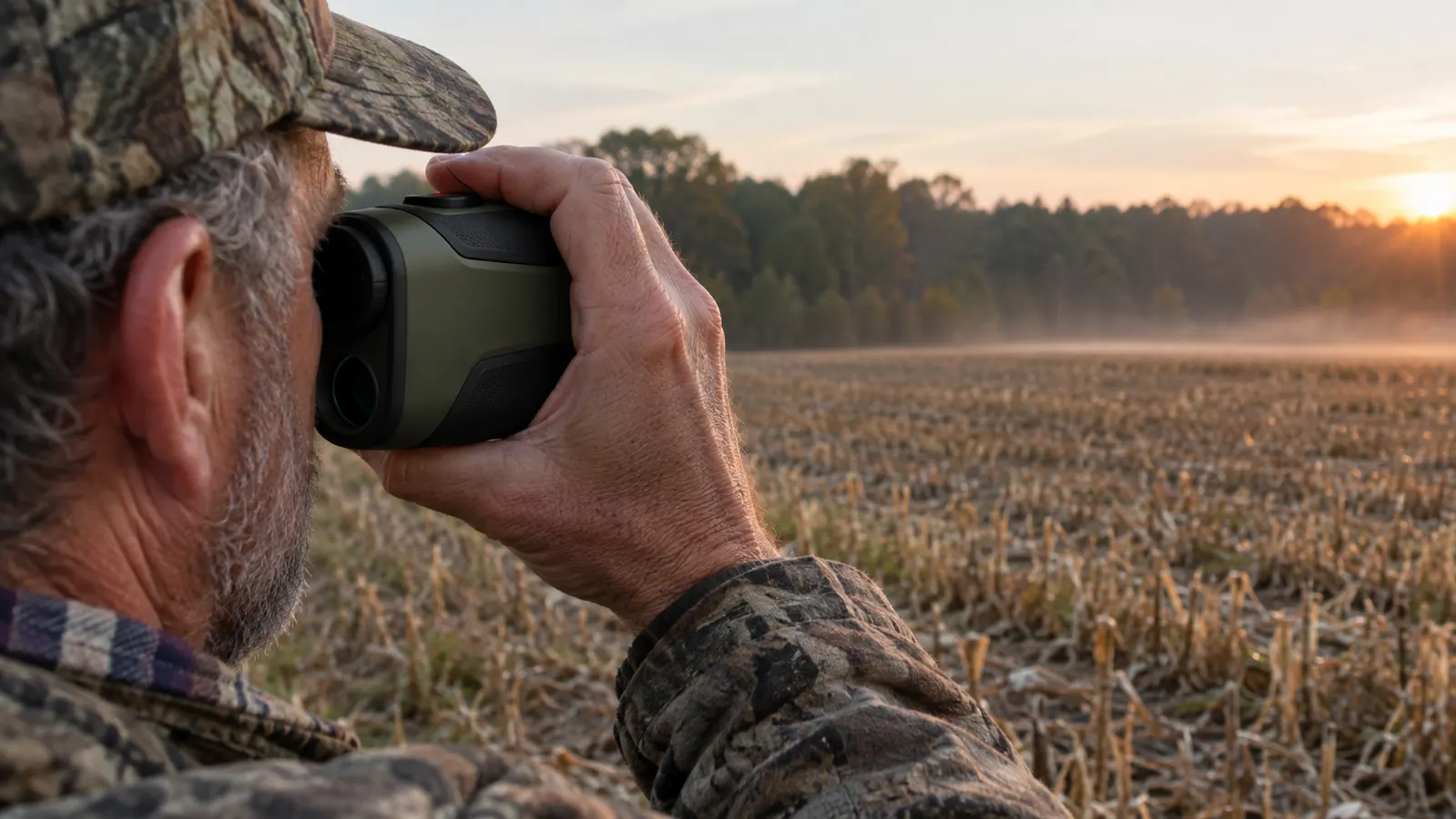 A hand holding the rangefinder up to one eye, looking across a cut field toward a distant treeline