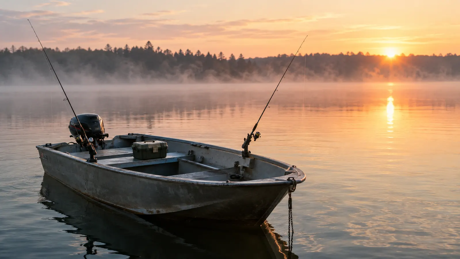 A small aluminum fishing boat on a calm lake at dawn, mist over the water