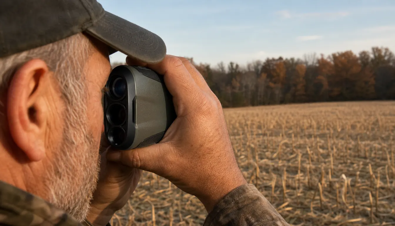 Close view of a hand raising a rangefinder toward a distant treeline across a cut field