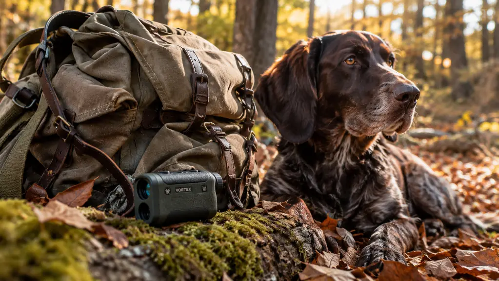 A rangefinder resting on a mossy log beside a hunting pack, with a large dog lying nearby in fallen leaves