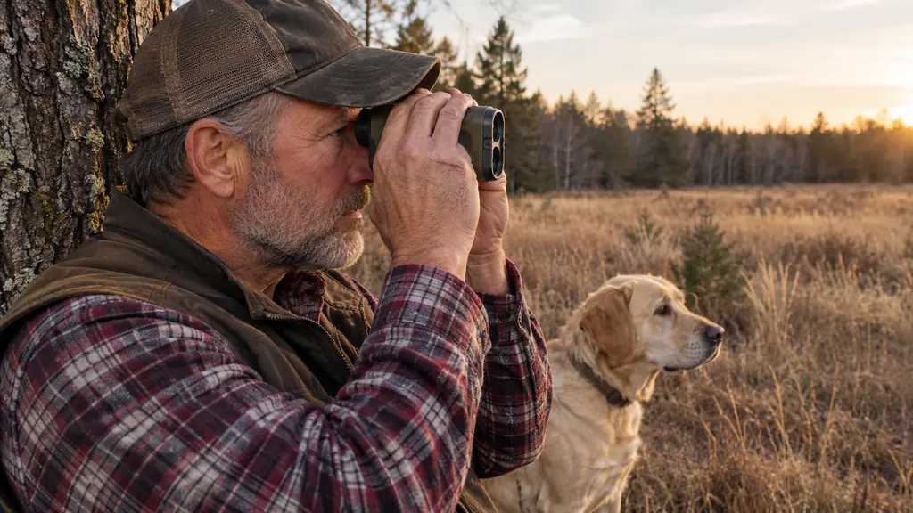 A hunter in a flannel shirt and vest holding a rangefinder up to one eye while braced against a tree trunk at the edge of a field