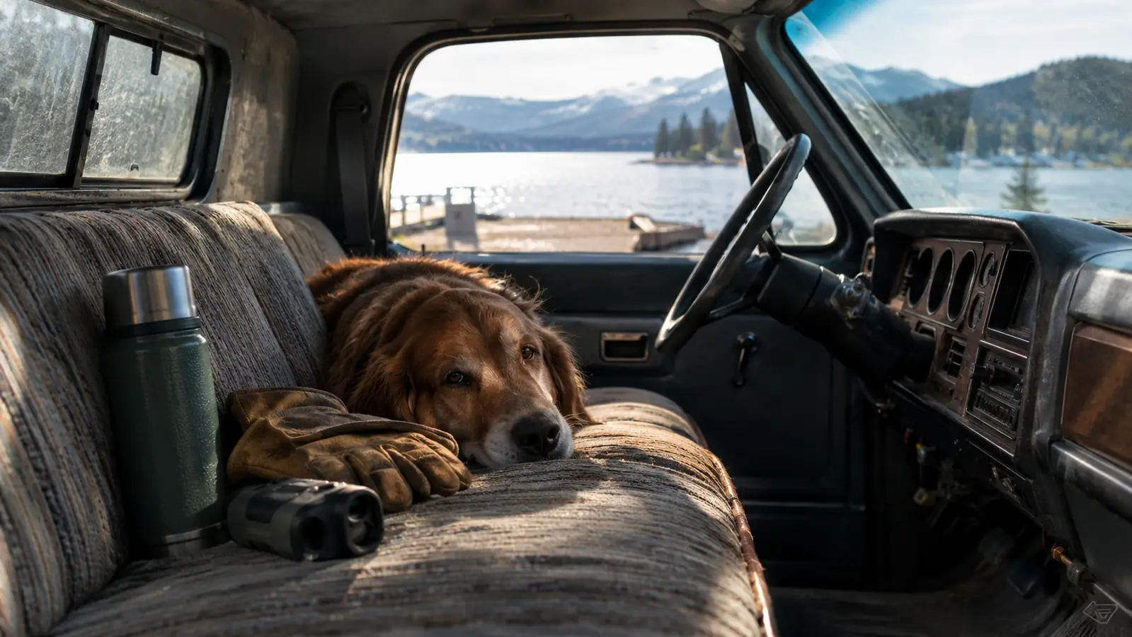 An older pickup truck parked at a boat landing, a rangefinder on the seat beside a thermos while a large dog rests its head on the seat